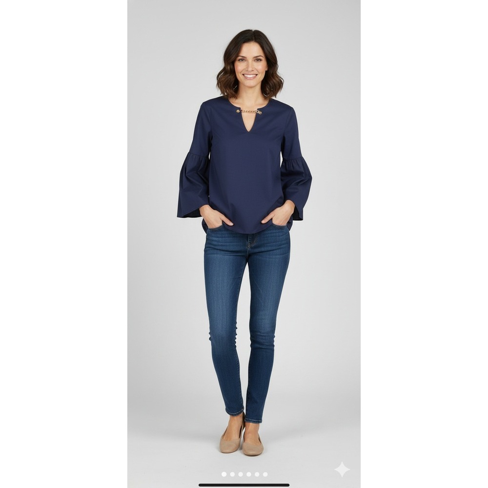 MICHAEL KORS Navy Blue Bell Sleeve V-Neck Chain Detail Blouse Top Size Medium